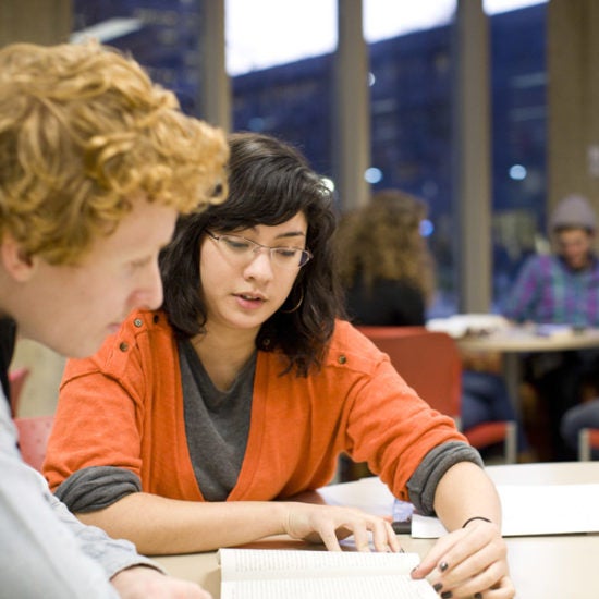 A student is receiving support from an instructor or tutor. The instructor or tutor is guiding them in a textbook.