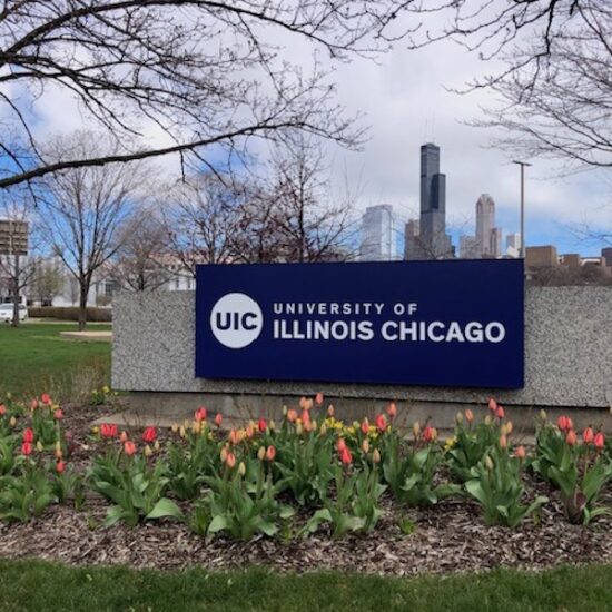 uic sign with tulips