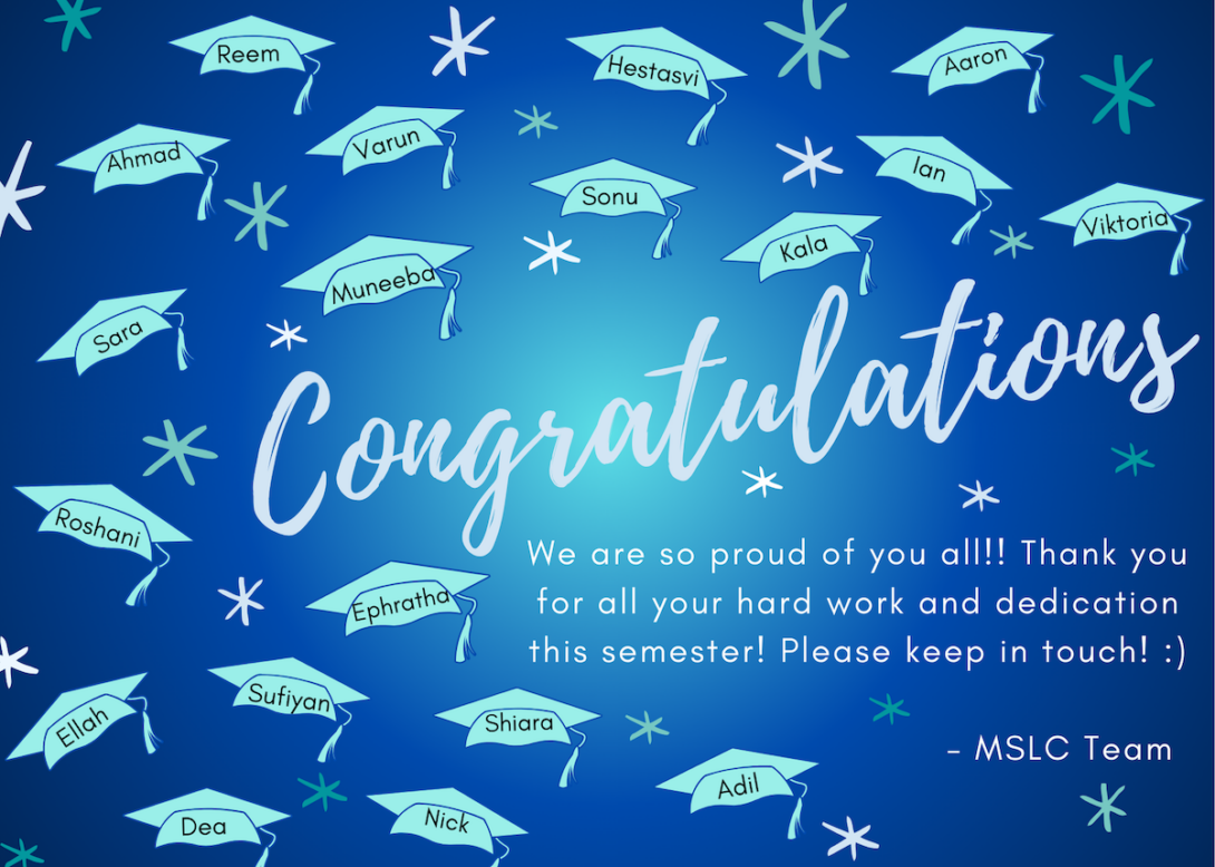 congratulations flyer with graduation hats each listing the name of a MSLC team member graduating this spring