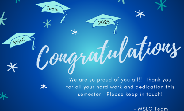 Congratulations poster with images of graduation caps with the names of the graduating MSLC workers