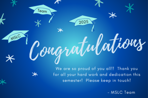 Congratulations poster with images of graduation caps with the names of the graduating MSLC workers
